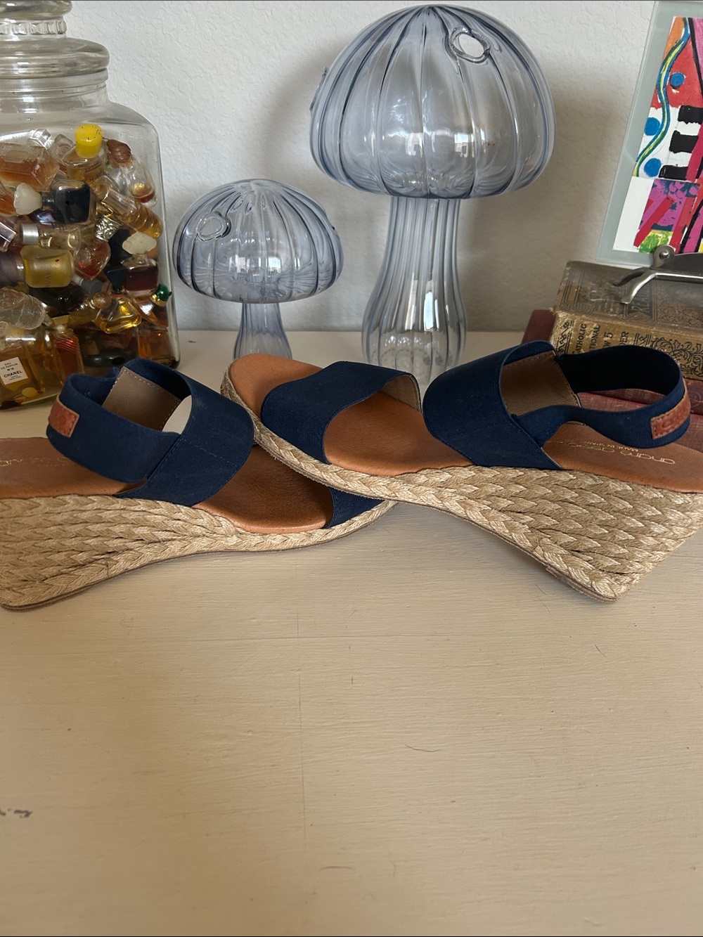 Andre Assous Navy Elastic Strap Espadrille Wedges with Tan Footbed - Picture 5 of 5